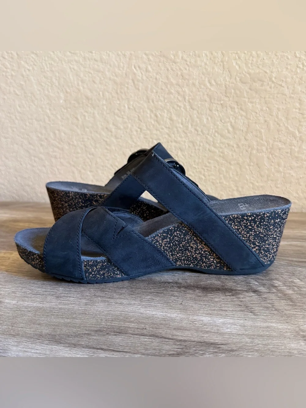 Dansko Susie slide sandals black milled nubuck leather decorative buckle